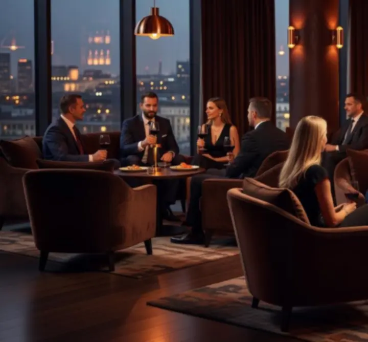 Elegancki wieczór w restauracji Krago Vibe z ciepłym, bursztynowym oświetleniem.