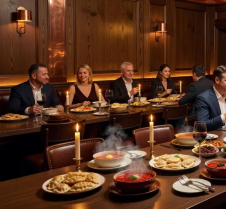 Historia restauracji Krago Vibe – elegancka sala z ciepłym oświetleniem
