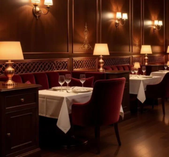 Wieczorne wnętrze restauracji Krago Vibe z ciepłym oświetleniem i eleganckimi stolikami.